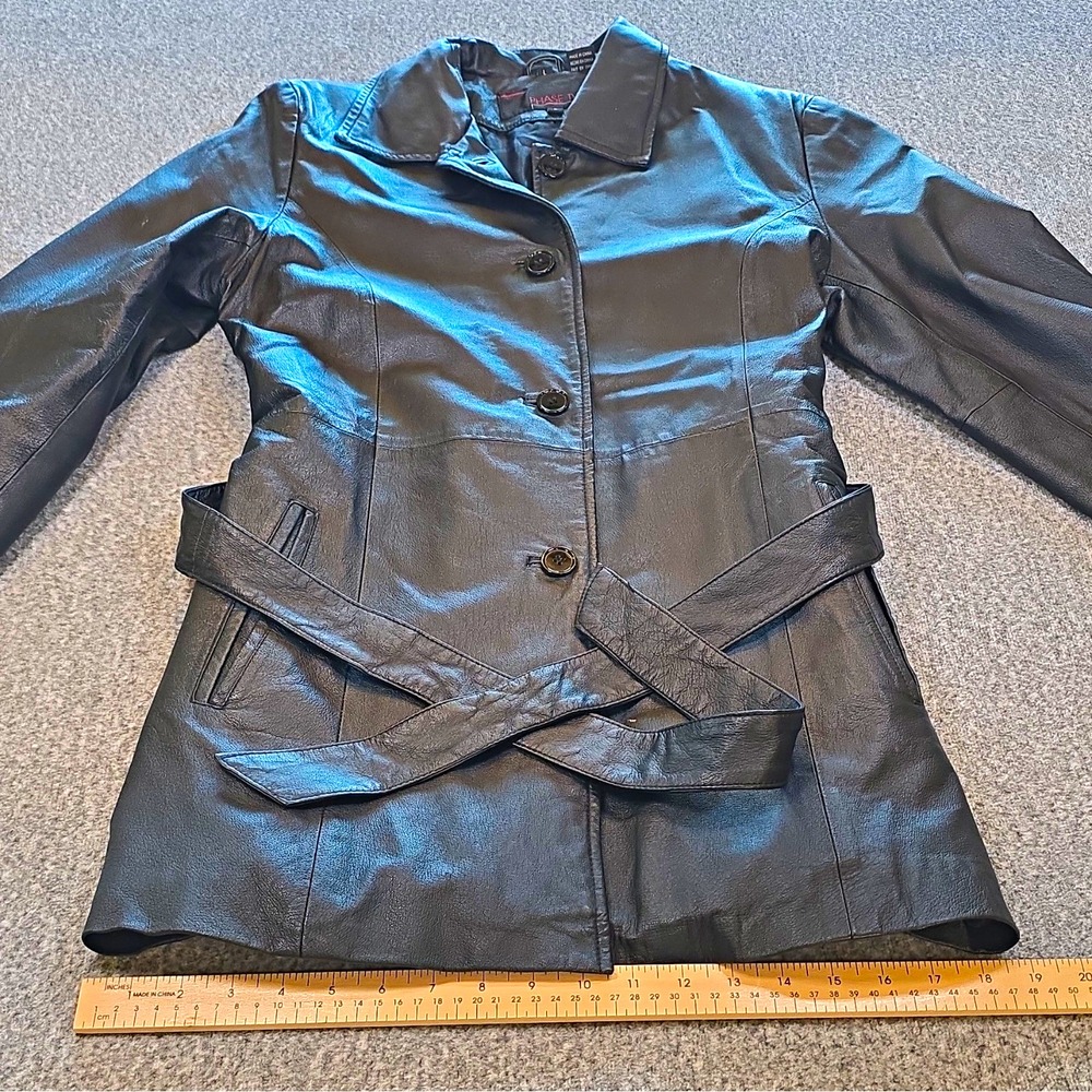 Phase Two Womens L Black Leather Button Front Belted Lined Jacket Pockets